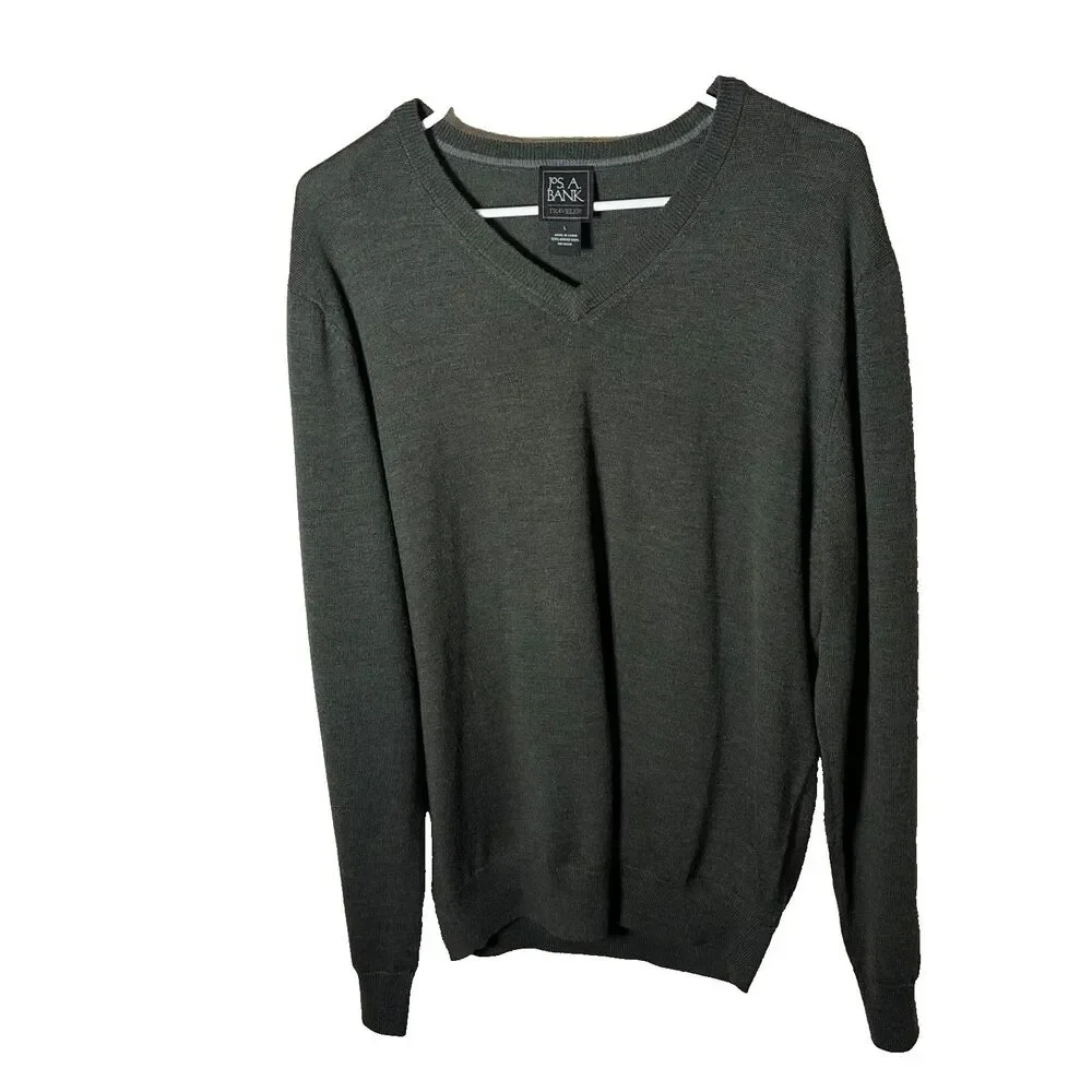 Jos A Bank Traveler Sweater Men's Large Green V-Neck Merino Wool Pullover